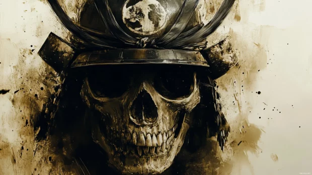 Samurai skull with broken visor and spraypaint marks.