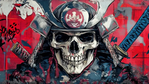 Samurai skull with shattered armor and broken sword on graffiti background.