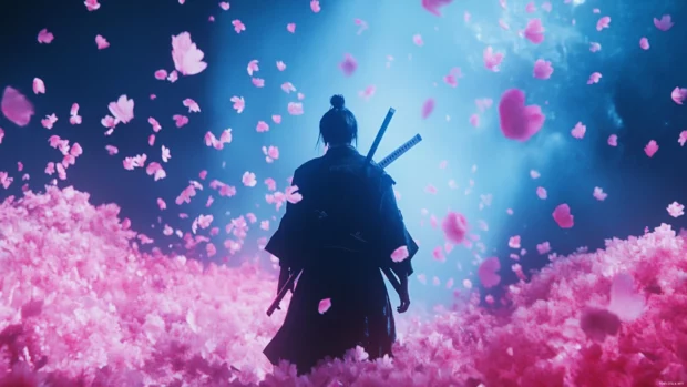 Samurai standing beneath falling neon petals.