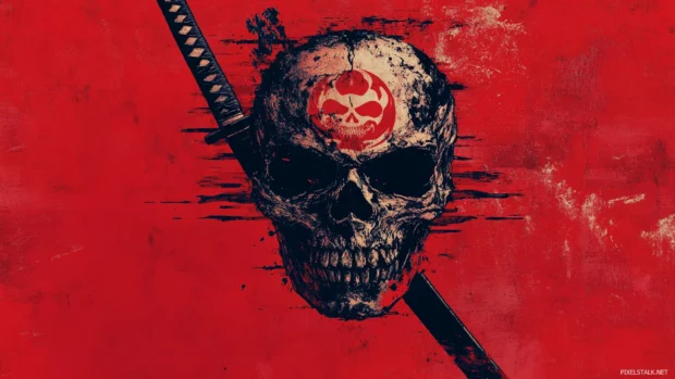 Samurai themed skull desktop wallpapers HD with cracked masks and katana silhouettes.