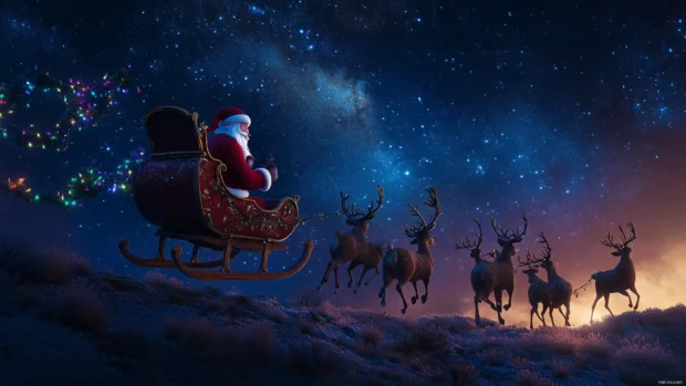 Santa Claus flying through a starry sky in his sleigh, with reindeer and Christmas lights.