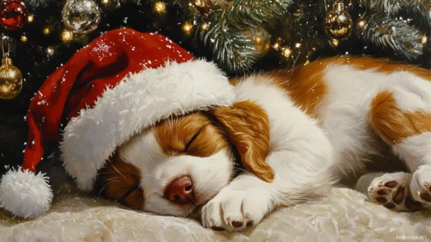 Santa hat slipping over a puppys eyes as it naps near a sparkling tree.