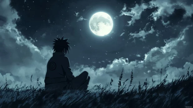 Sasuke sitting alone under the full moonlight.