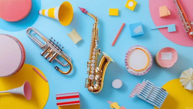 Saxophone, trumpet, drum in abstract style, vibrant backdrop, shapes, textures shine.