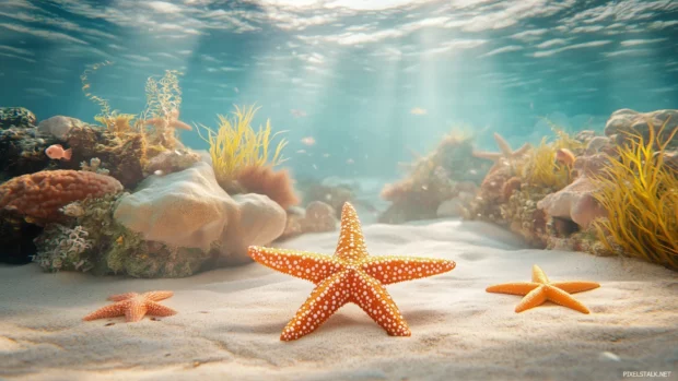Scattered across the ocean floor in a serene underwater scene are multiple starfish with shapes and colors contrasting the surrounding coral and seaweed.