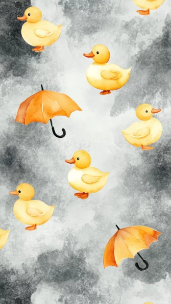 Scattered baby duck shapes with umbrella motifs over a mist gray watercolor texture.