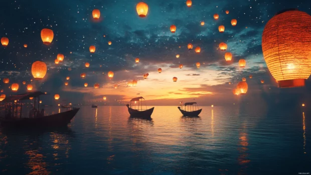 Scattered lanterns over a night ocean horizon.