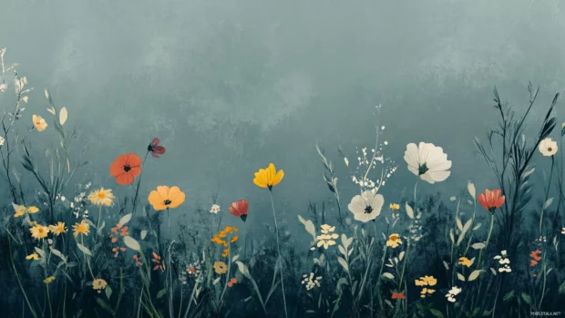 Scattered wildflowers with grainy vignette and minimalist flat hues.