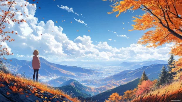 Scenic autumn mountain view, popular in fall aesthetic wallpapers for PC.