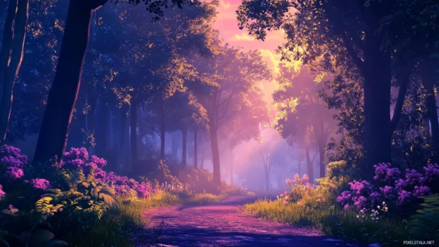 Scenic forest view at twilight perfect for nature landscape wallpaper.