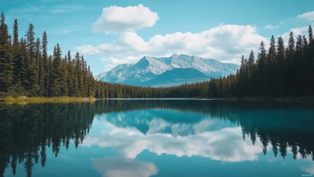 Scenic mountain lake reflecting summer skies, majestic landscapes captured in a summer desktop 4K wallpaper.