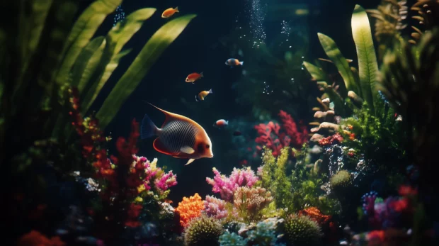 School of colorful fish in an underwater coral reef, with each fish unique colors and patterns highlighted against the coral backdrop.