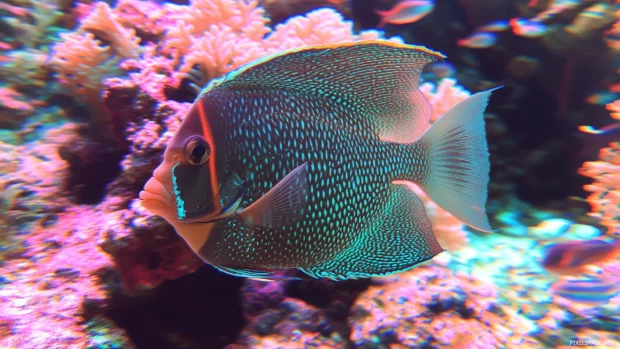 School of colorful fish in an underwater coral reef, with each fish unique colors and patterns highlighted against the coral backdrop.