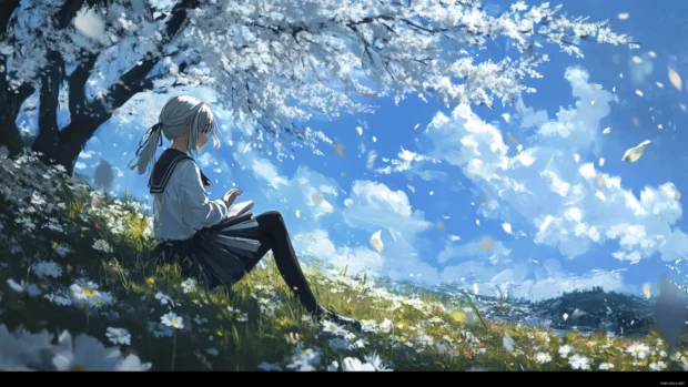School uniform anime girl 4k wallpaper laptop scene with spring breeze.