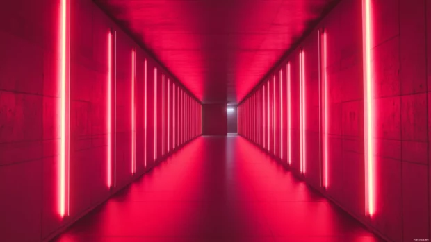 Sci fi corridor illuminated with pulsing red lights.