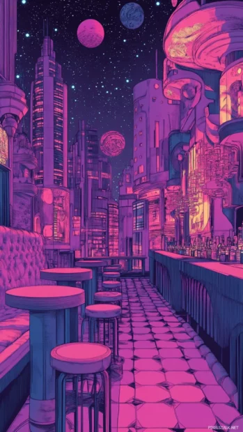 Sci fi skyline inspired by retro futurism wallpaper concept in pink and violet.