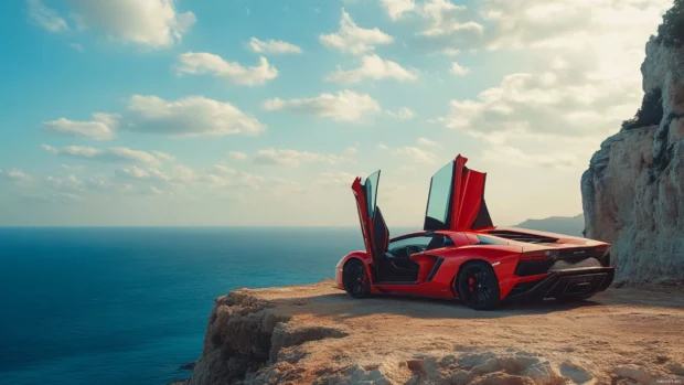 Scissor doors open on an Aventador at the edge of a cliff under blue skies.