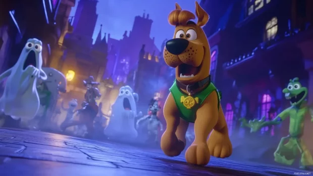Scooby Doo and Mystery Inc  solving a spooky mystery, ghosts and ghouls in the background, Cartoon Network logo.