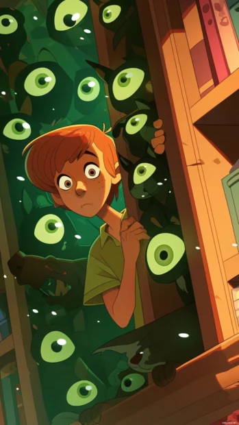 Scooby Doo and Shaggy hiding behind a bookshelf full of glowing eyes.