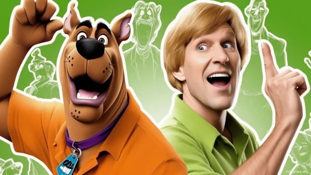 Scooby Doo and Shaggy hunting for clues in a haunted house, surrounded by ghosts and cobwebs.