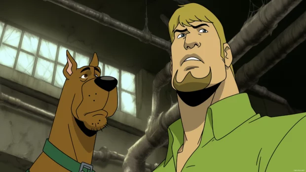 Scooby Doo and Shaggy in a haunted house, searching for clues with ghosts and cobwebs around them.