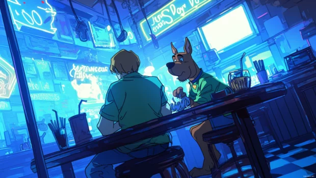 Scooby Doo and Shaggy in a neon diner lit by flickering signs.