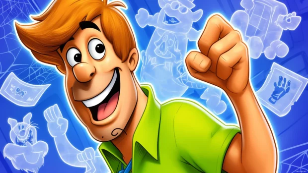 Scooby Doo and Shaggy investigating a spooky haunted house, with ghosts and cobwebs lurking.