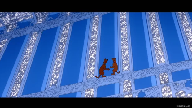 Scooby Doo and Shaggy searching for clues in a spooky haunted house, with ghostly apparitions and creepy cobwebs in the background.