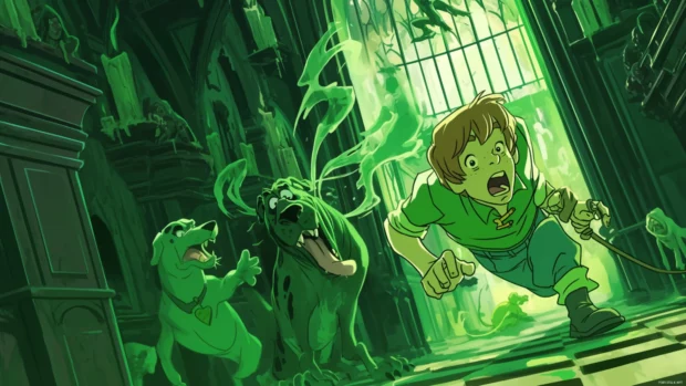 Scooby Doo and Shaggy sneaking through a haunted hallway.