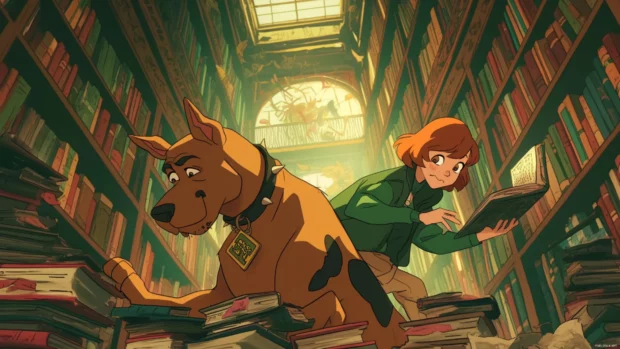 Scooby Doo and Velma creeping through a library of moving books.