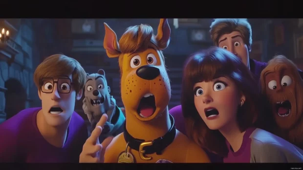 Scooby Doo and the Mystery Inc  gang solving a mystery in a spooky setting, with ghosts and ghouls in the background, featuring the Cartoon Network logo.