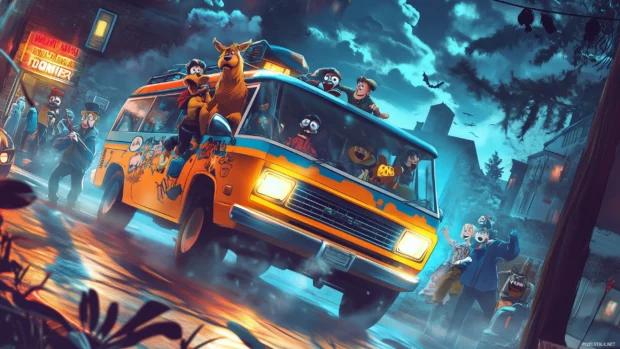 Scooby Doo and the gang in a spooky mystery, ghosts, ghouls, and Cartoon Network logo.