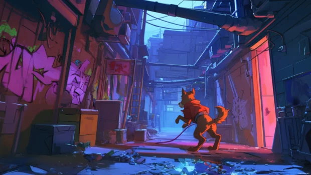 Scooby Doo investigating neon alleyways with glitching shadows.