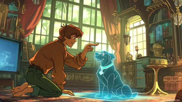 Scooby Doo solving mysteries with holographic clues in a techy mansion.