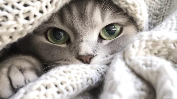 Scottish Fold cat peeking from under a blanket with sleepy eyes.