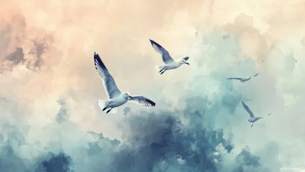 Seagulls soaring against a backdrop of watercolor cloud textures.
