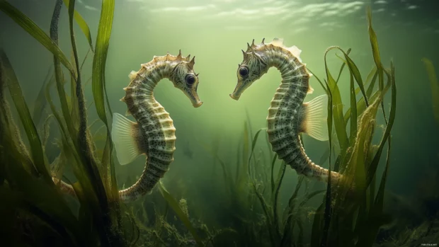 Seahorses pair, clinging to seagrass, delicate texture details, tails wrapped, serene underwater setting.