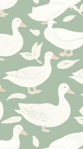 Seamless Aesthetic Duck Wallpapers showing outline ducks in white over a sage green background.