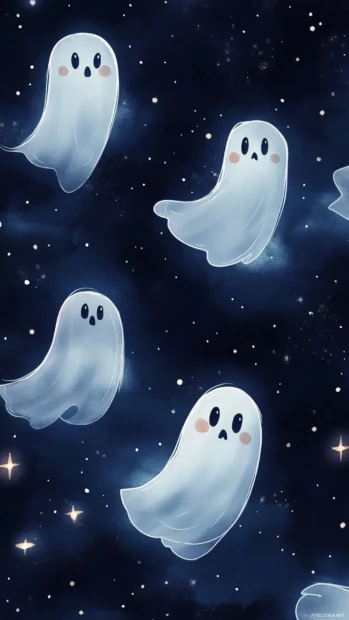 Seamless Aesthetic Ghost Wallpapers with hand sketched ghosts drifting through twinkling lights.