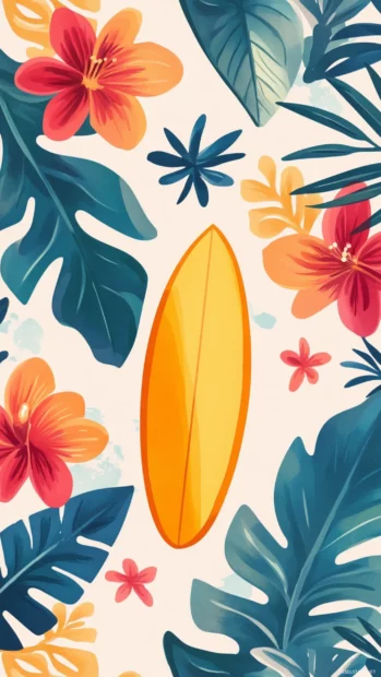 Seamless Summer Wallpapers featuring waves, surfboards and tropical flowers in delicate patterns.
