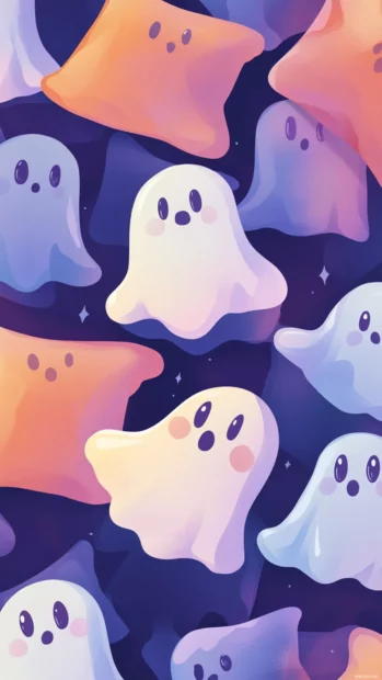 Seamless loop of cute ghosts jumping on pillows arranged vertically in soft gradients.