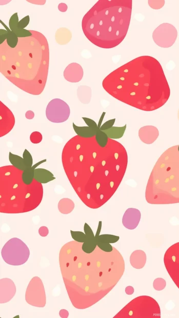 Seamless pattern of fresh whole strawberries and strawberry slices on a soft pastel pink background, playful and vibrant.