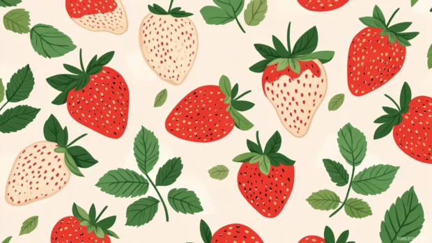 Seamless pattern of whole strawberries and strawberry slice scattered on a soft pastel blue background.