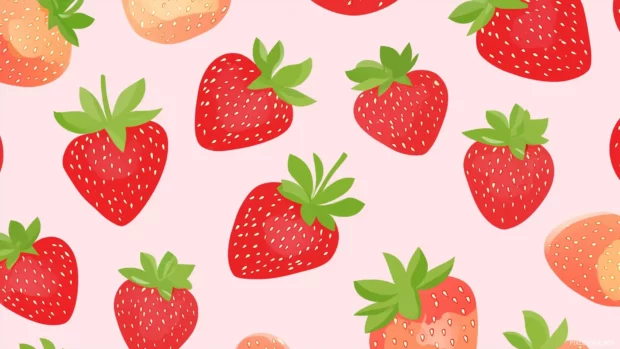 Seamless pattern of whole strawberries and strawberry slices scattered on a soft pastel blue background.