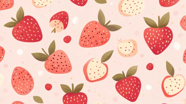 Seamless pattern of whole strawberries, strawberry slices, and green leaves on a soft pastel pink background, modern aesthetic, playful summer vibes, Simple lines.