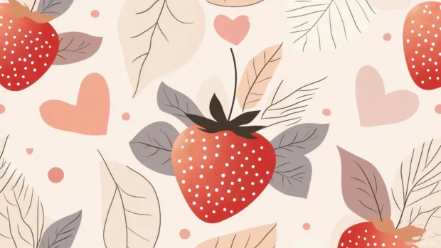 Seamless pattern with pink strawberries, blush hearts, leaves, polka dots, pastel pink background.
