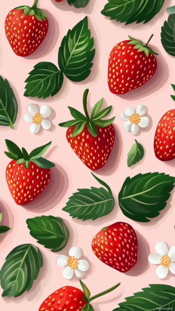 Seamless strawberry pattern with flowers and leaves on pastel pink background.