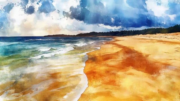 Secluded beach with watercolor tides lapping at golden sands.