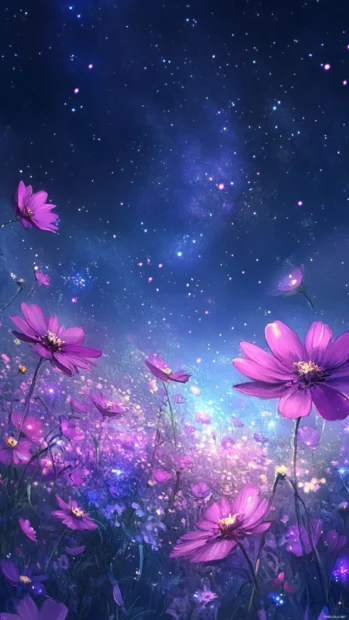Secret gardens blooming beneath cosmic whispers, perfect for serene starry wallpapers.