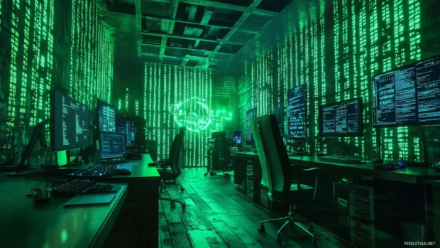Secret hacker den glowing in green neon.